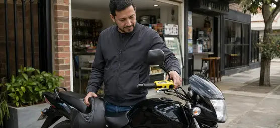 Motociclista protegiendo su moto